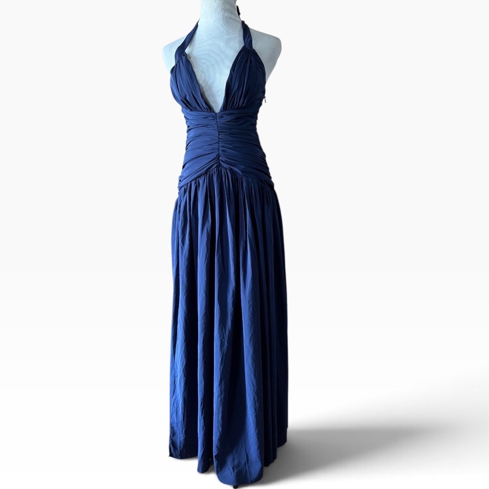 Babyboo Amara Maxi Dress Womens Med Navy Blue Ruched Corset Halter Formal Gown